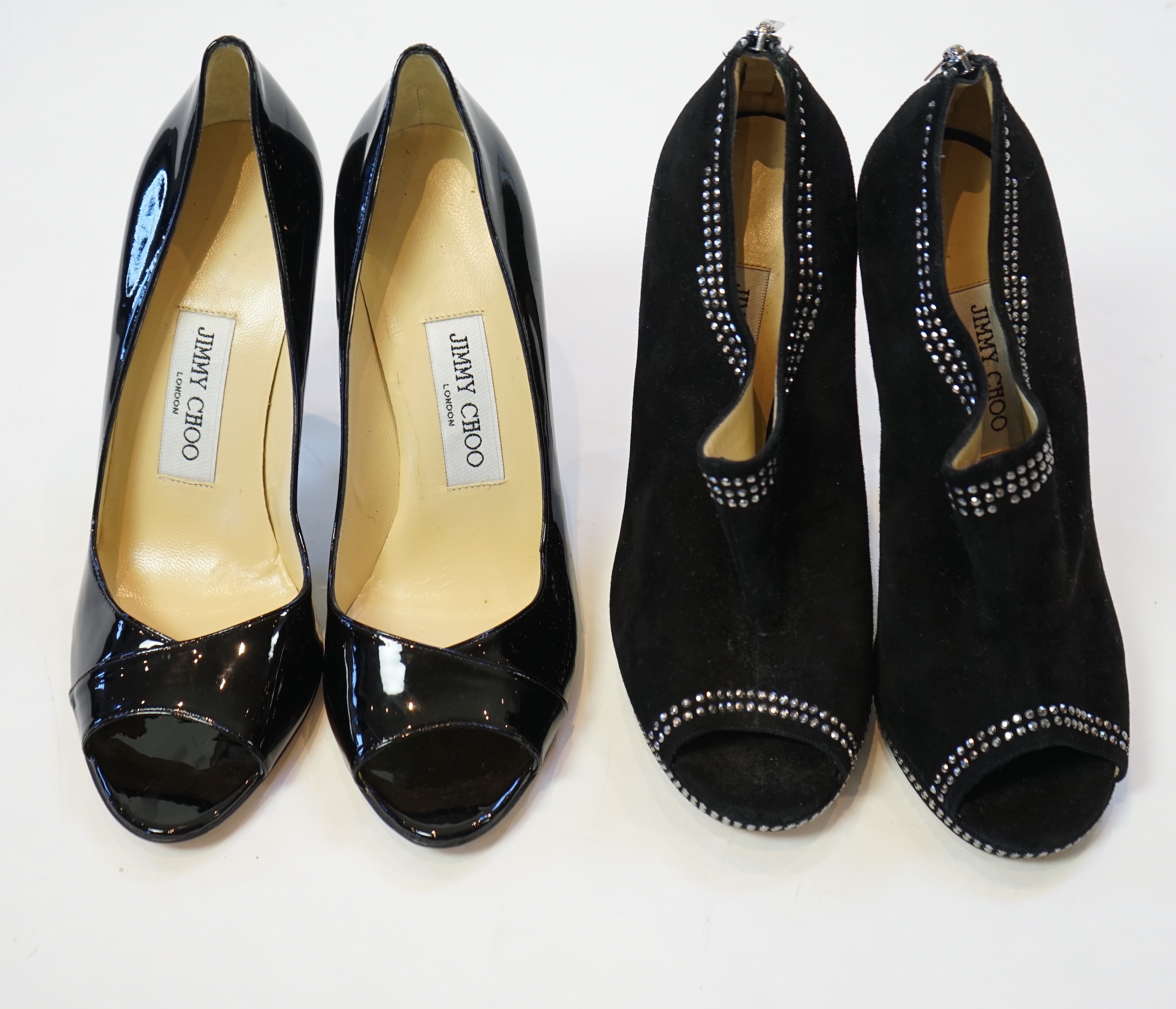 Two pairs of Jimmy Choo black lady's heeled open toe shoes, size EU 39